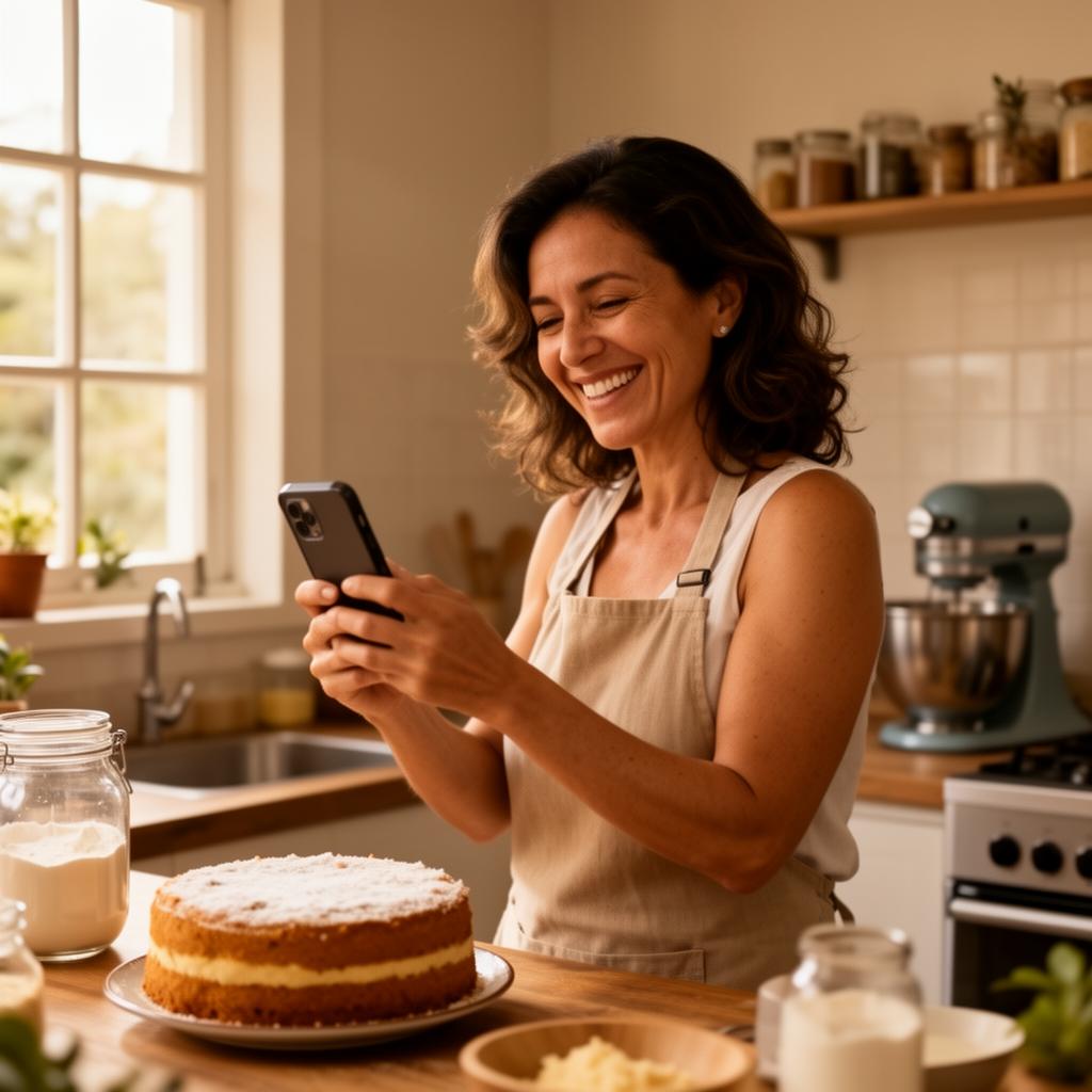 Dona de restaurante sorrindo enquanto olha o celular